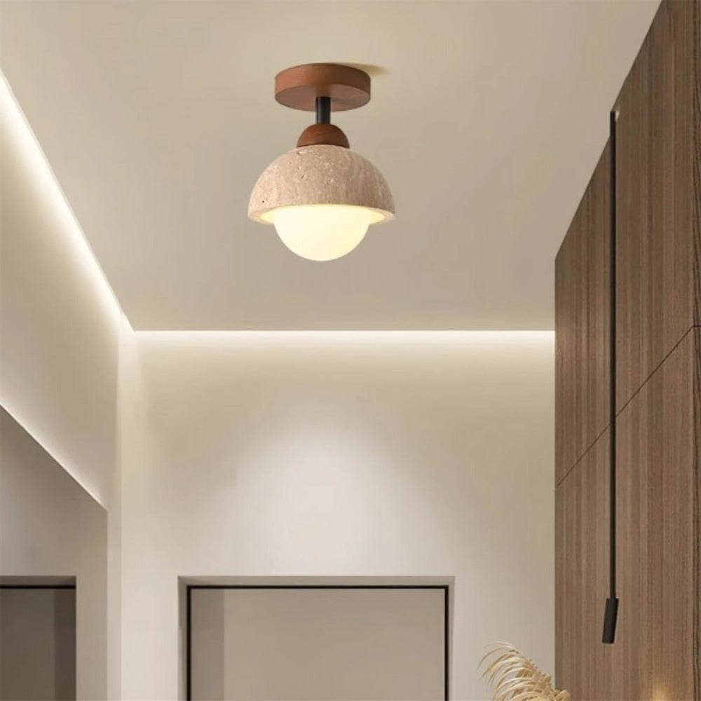 Japandi semi flush mount ceiling light with wood canopy