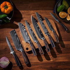 Japanese Knife Set – Damascus Pattern 8 - Piece Stainless Steel Kitchen Collection - Japanese Knife Set - Hurbane Home