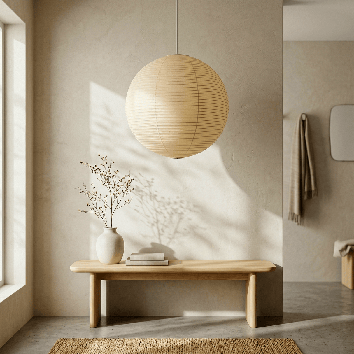Japanese paper lantern pendant with a spherical washi paper shade, view 2
