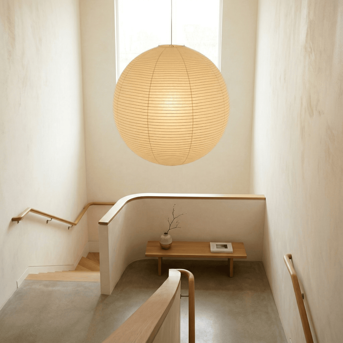 Ribbed washi paper globe pendant with a white suspension wire, view 3