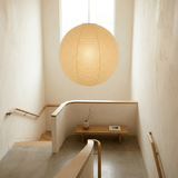 Ribbed washi paper globe pendant with a white suspension wire, view 3