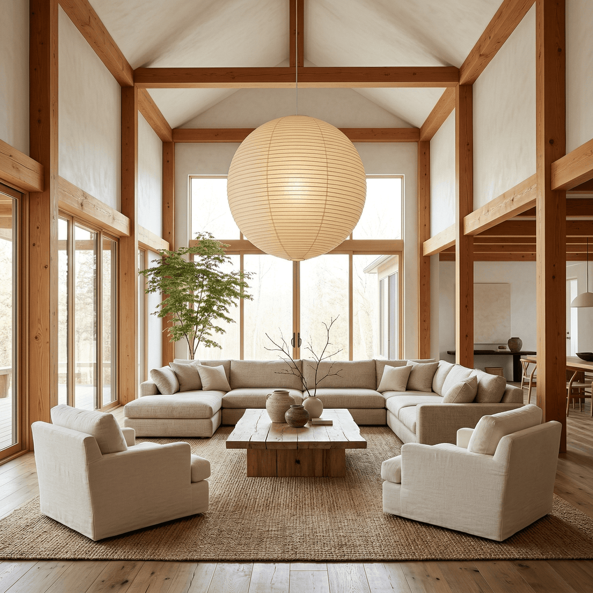 Spherical rice paper pendant light with a black suspension wire, view 4