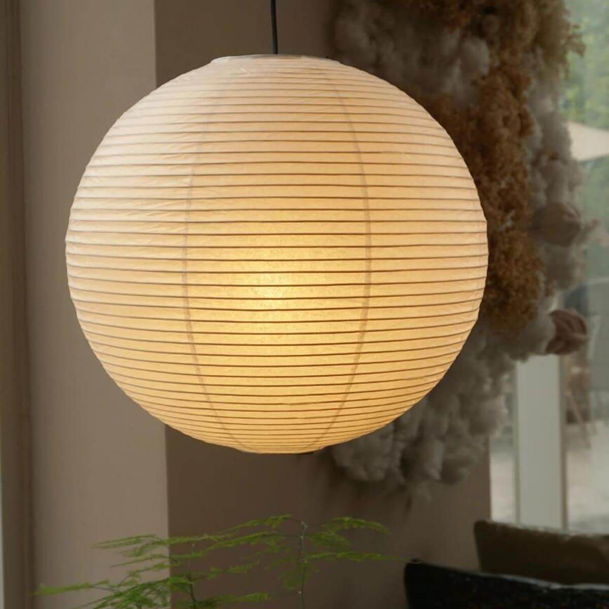 Paper lantern globe pendant, ceiling mounted with a metal armature, view 23