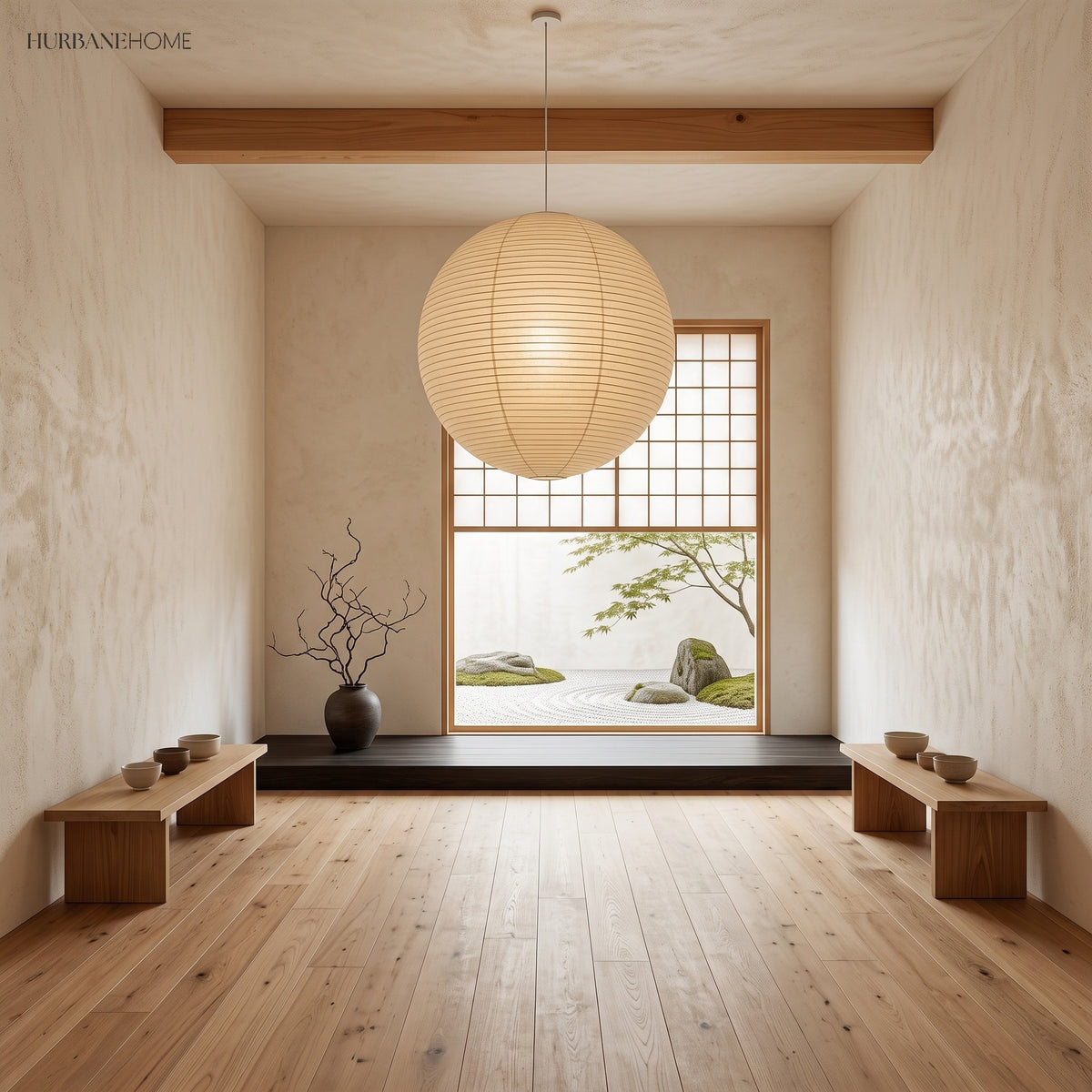 Large paper lantern pendant above a timber floored room with garden view