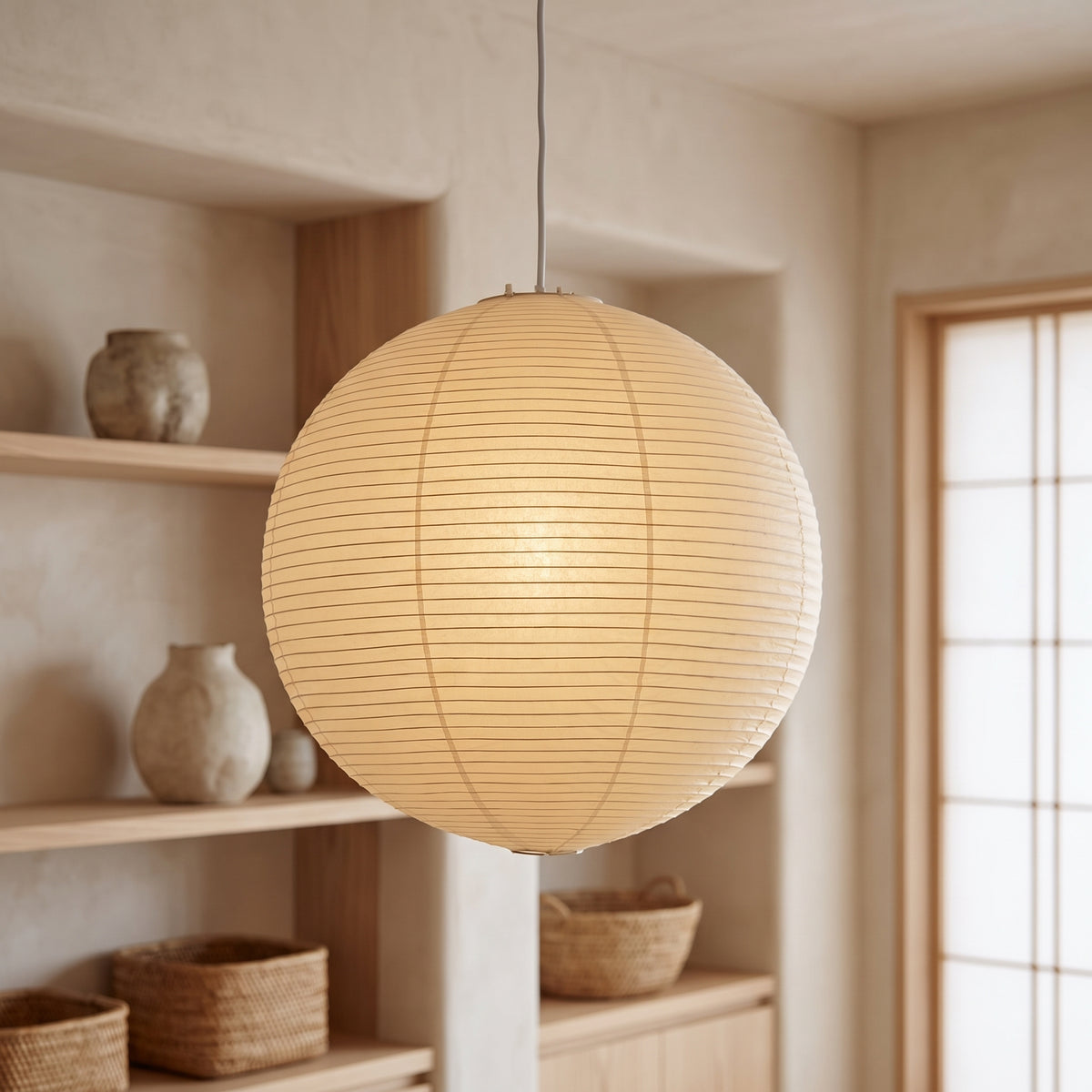 Washi paper globe pendant glowing beside shelves of ceramic vessels