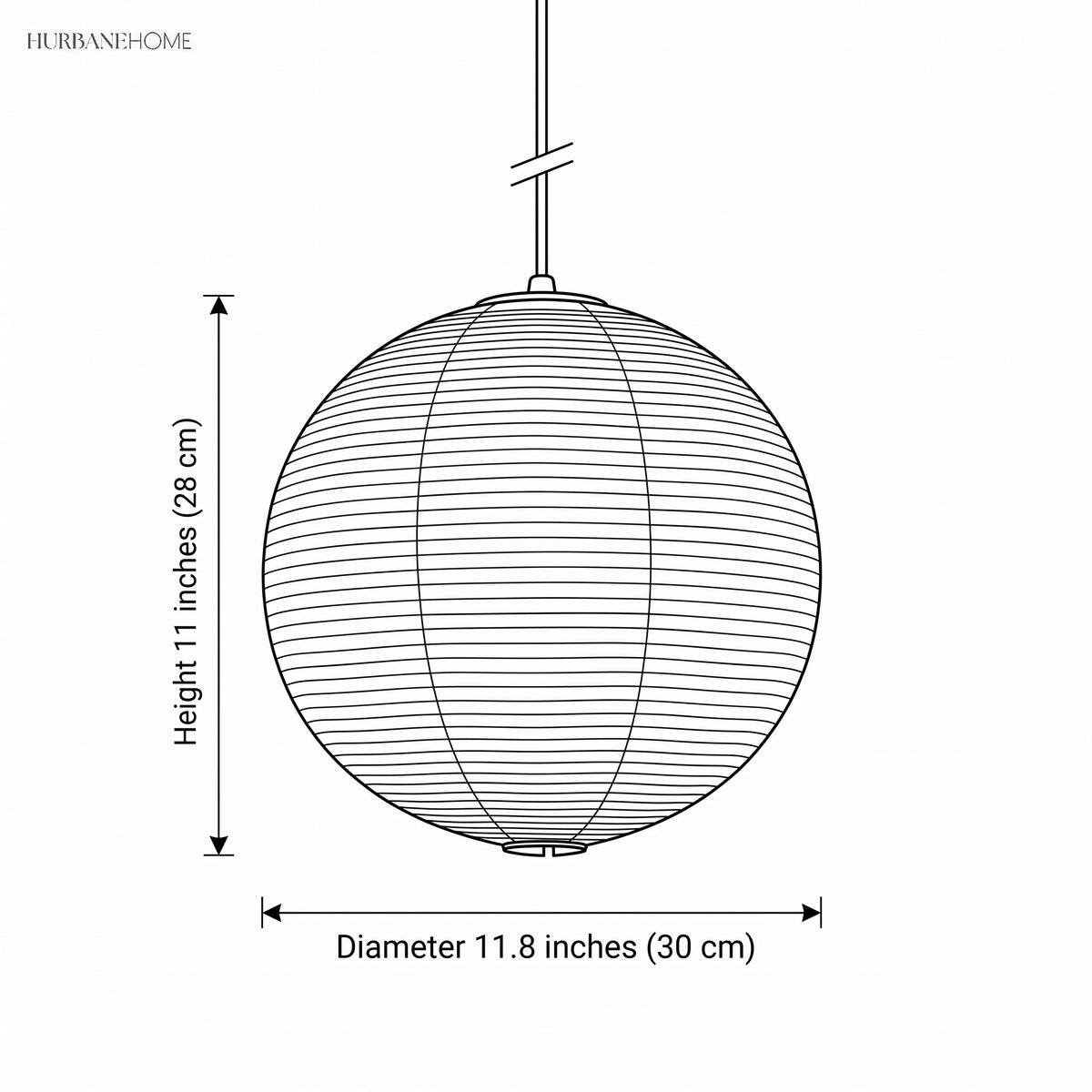 Line drawing of globe pendant, 11 inch height by 11.8 inch diameter