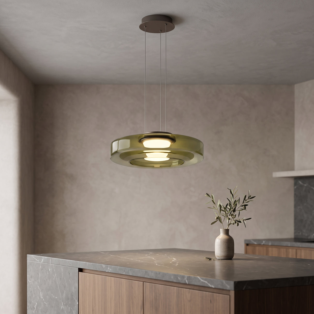 Tinted glass disc kitchen island pendant light shown as the main product image
