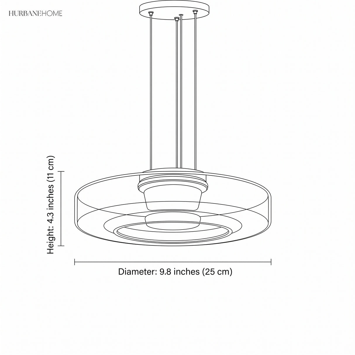 Dimension illustration of the glass disc pendant light, 9.8 inch diameter and 4.3 inch height