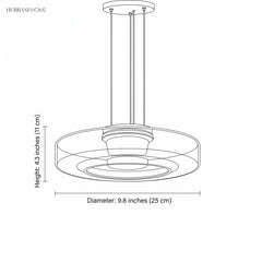 Dimension illustration of the glass disc pendant light, 9.8 inch diameter and 4.3 inch height