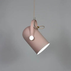 Pink pendant angled steeply showing its white inner shade