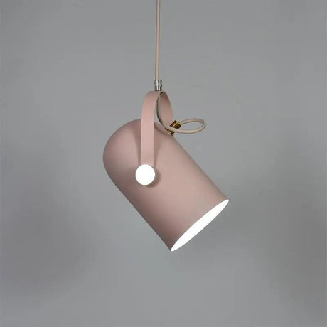 Pink pendant angled steeply showing its white inner shade