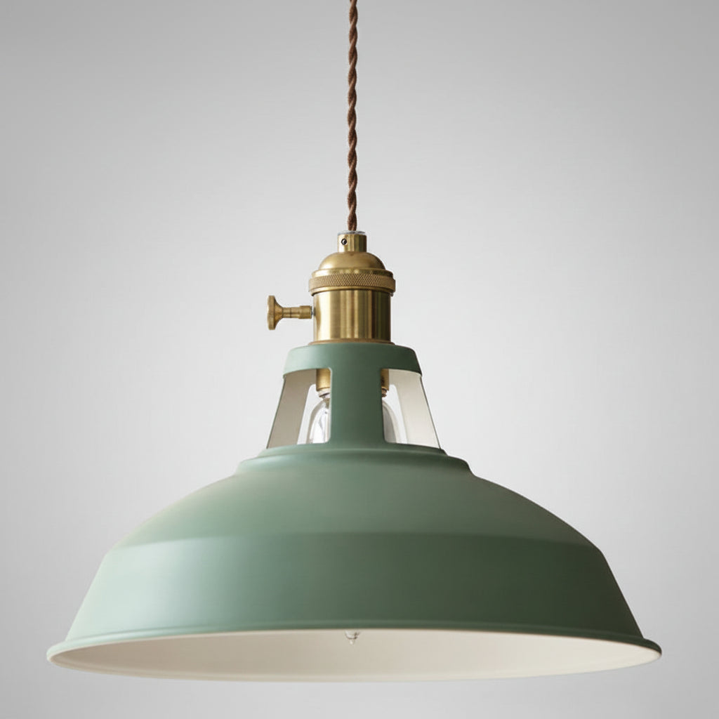 Angled studio view of the green barn shade and brass socket