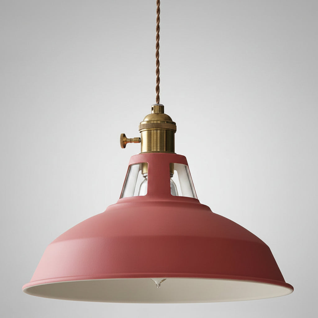 Angled studio view of the red barn shade and brass socket