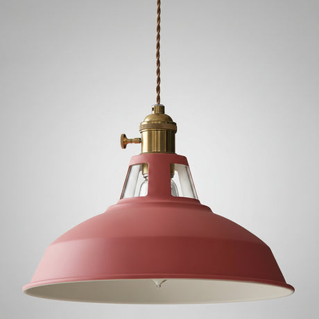 Angled studio view of the red barn shade and brass socket