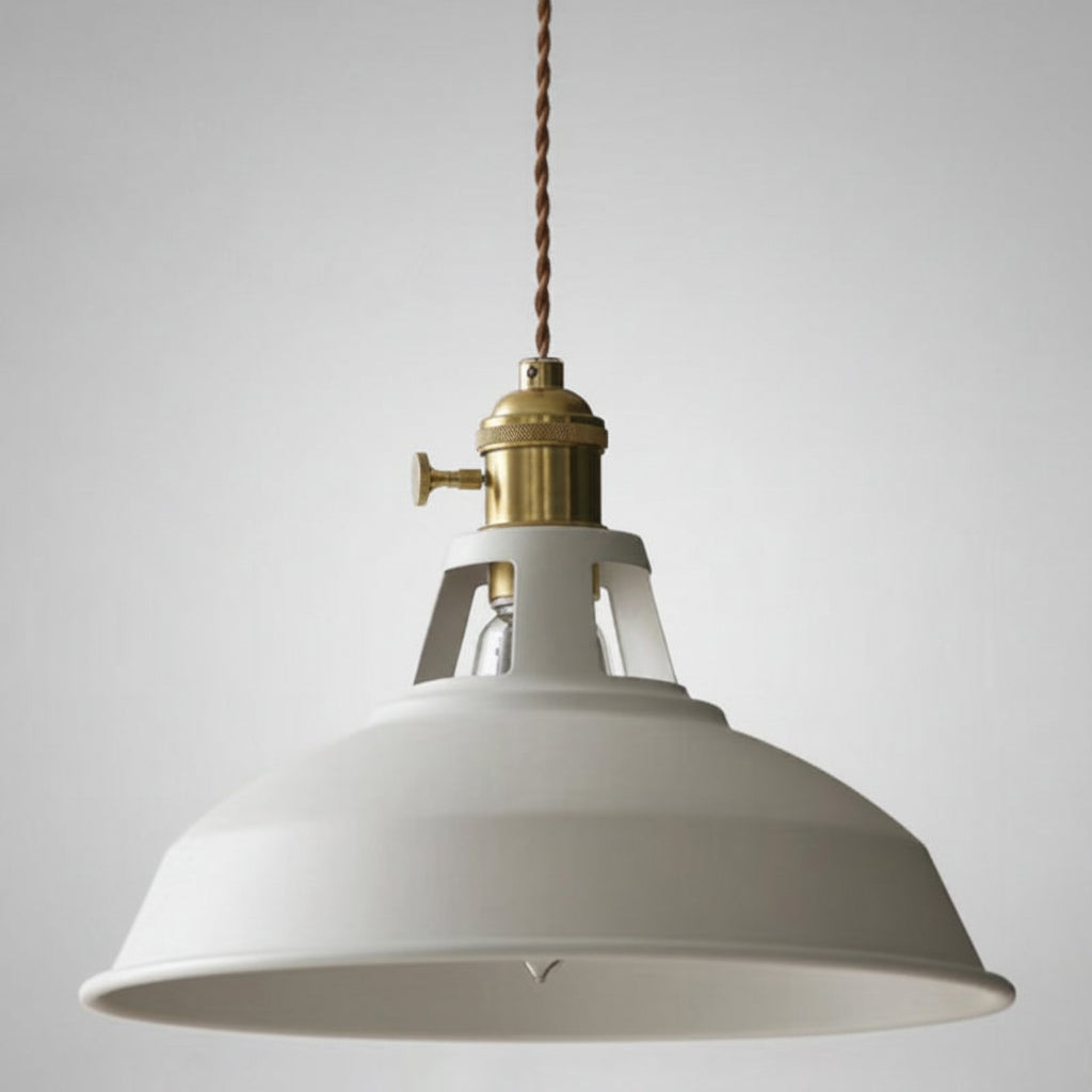 Angled studio view of the white barn shade and brass socket