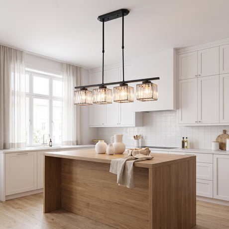 Kitchen island pendant light in black over a timber island in a white kitchen