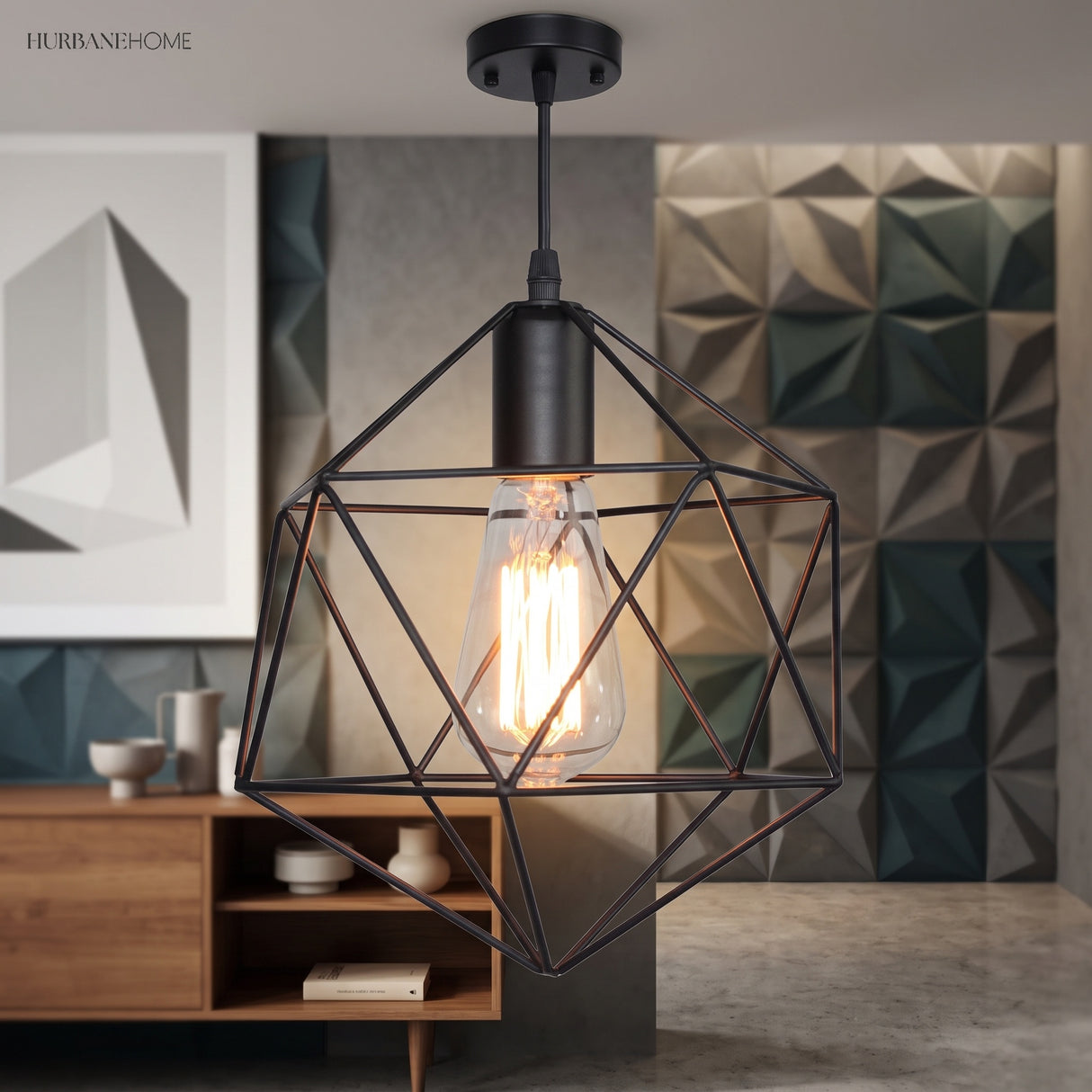 Black cage pendant beside framed art and a low walnut sideboard