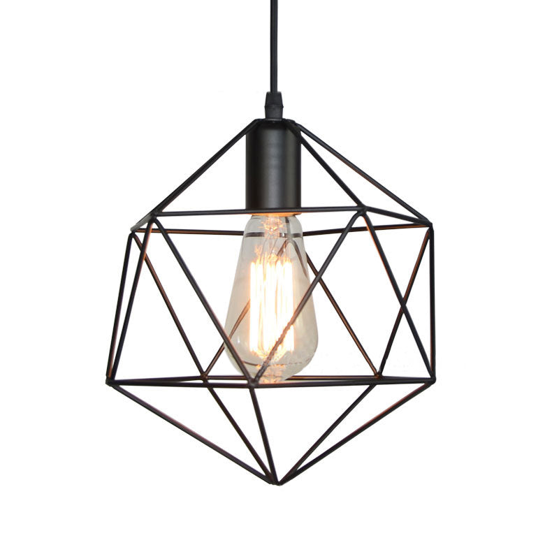 Black cage pendant shown lit against a plain white background