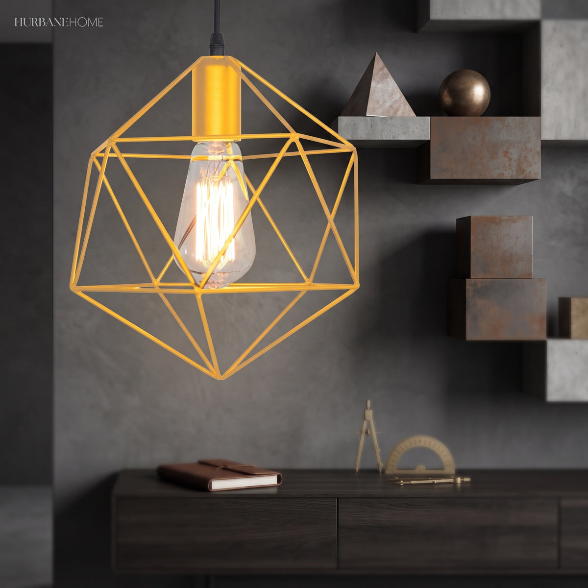 Gold cage pendant lit against a dark wall with display shelving