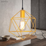 Gold cage pendant hanging above a rustic timber shelf and bowls