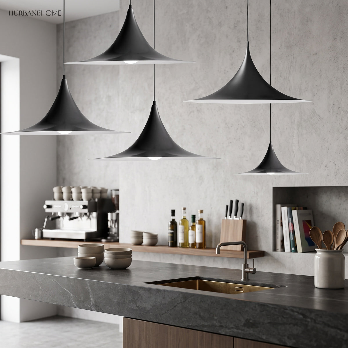 Two black flared pendants over a cafe counter and coffee machine
