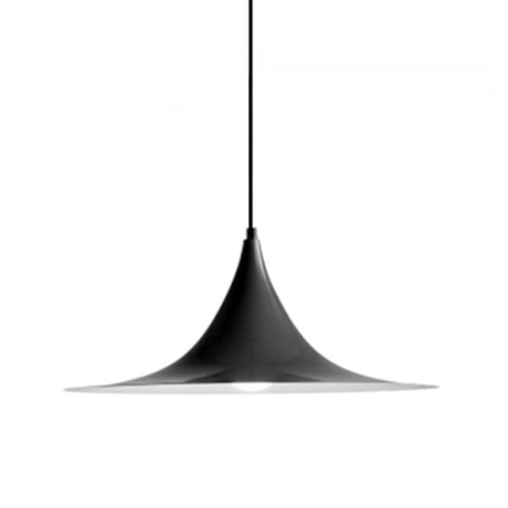Black flared metal pendant shade on a cord, shown against white