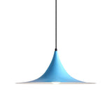 Blue flared metal pendant shade on a cord, shown against white