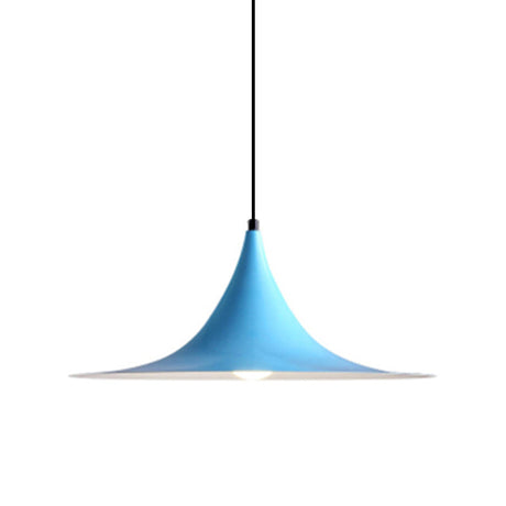 Blue flared metal pendant shade on a cord, shown against white