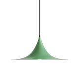 Green flared metal pendant shade on a cord, shown against white