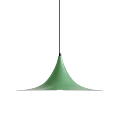 Green flared metal pendant shade on a cord, shown against white