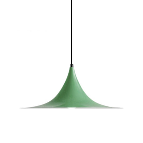 Green flared metal pendant shade on a cord, shown against white