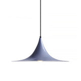 Grey flared metal pendant shade on a cord, shown against white