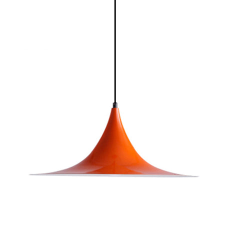Orange flared metal pendant shade on a cord, shown against white