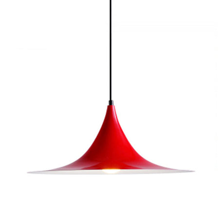 Red flared metal pendant shade on a cord, shown against white