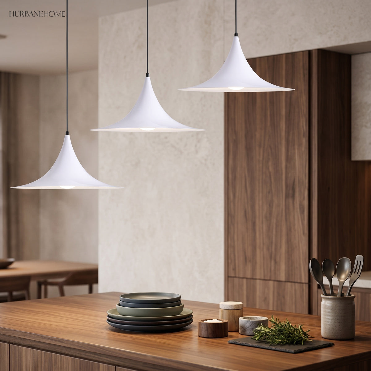 Two white flared pendants above a timber kitchen bench and plates