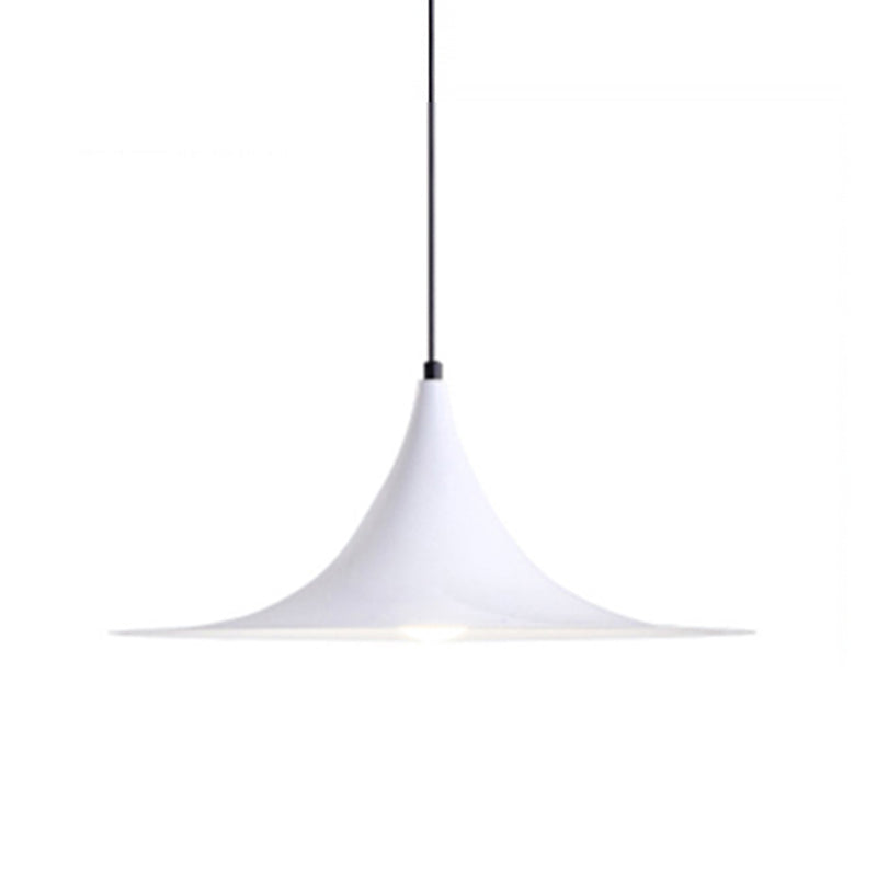 White flared metal pendant shade on a cord, shown against white
