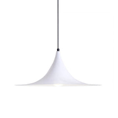 White flared metal pendant shade on a cord, shown against white
