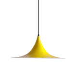 Yellow flared metal pendant shade on a cord, shown against white