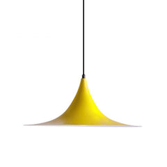 Yellow flared metal pendant shade on a cord, shown against white