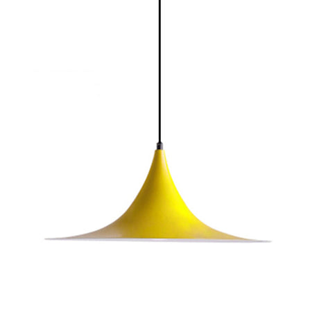 Yellow flared metal pendant shade on a cord, shown against white