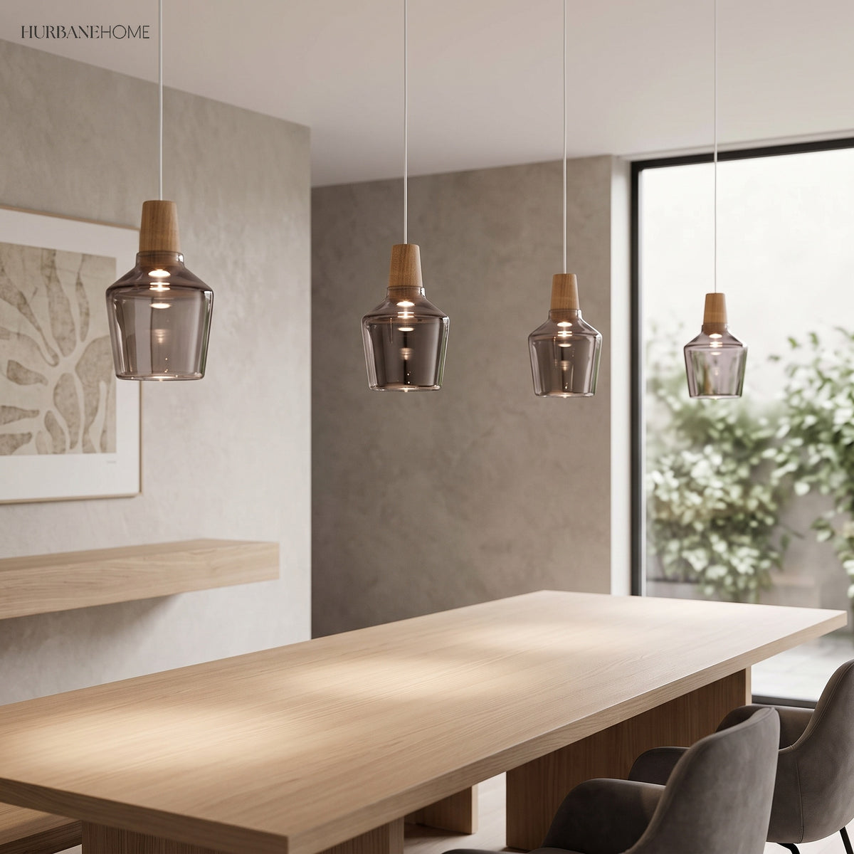 Row of amber glass pendants lit along a long oak dining table