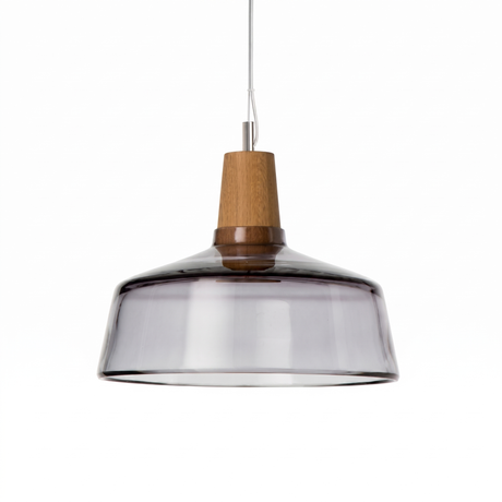 Grey smoke glass bowl shade below a tapered wood top