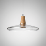 Wide clear glass saucer shade with a tapered wood top