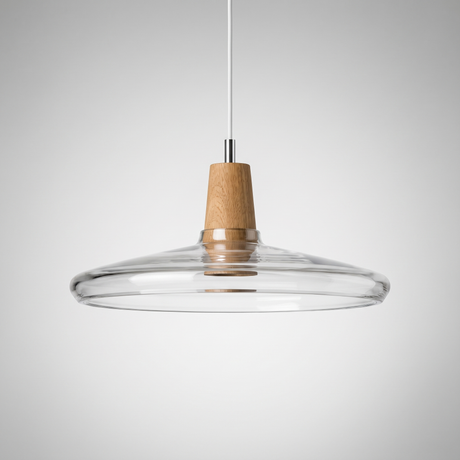 Wide clear glass saucer shade with a tapered wood top