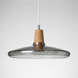 Wide grey smoke glass saucer shade with a wood top