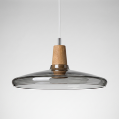 Wide grey smoke glass saucer shade with a wood top
