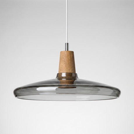 Wide grey smoke glass saucer shade with a wood top