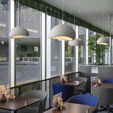 Row of dome pendants lit above a long cafe counter