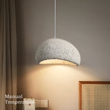Grey dome pendant lit above a table with dried grasses