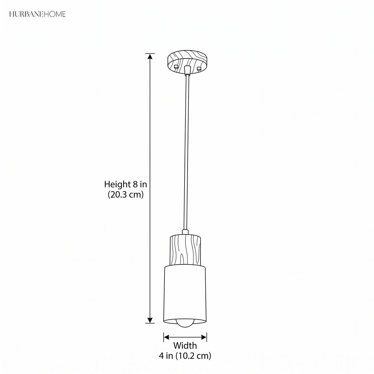 Dimension drawing showing pendant height 8 in and width 4 in